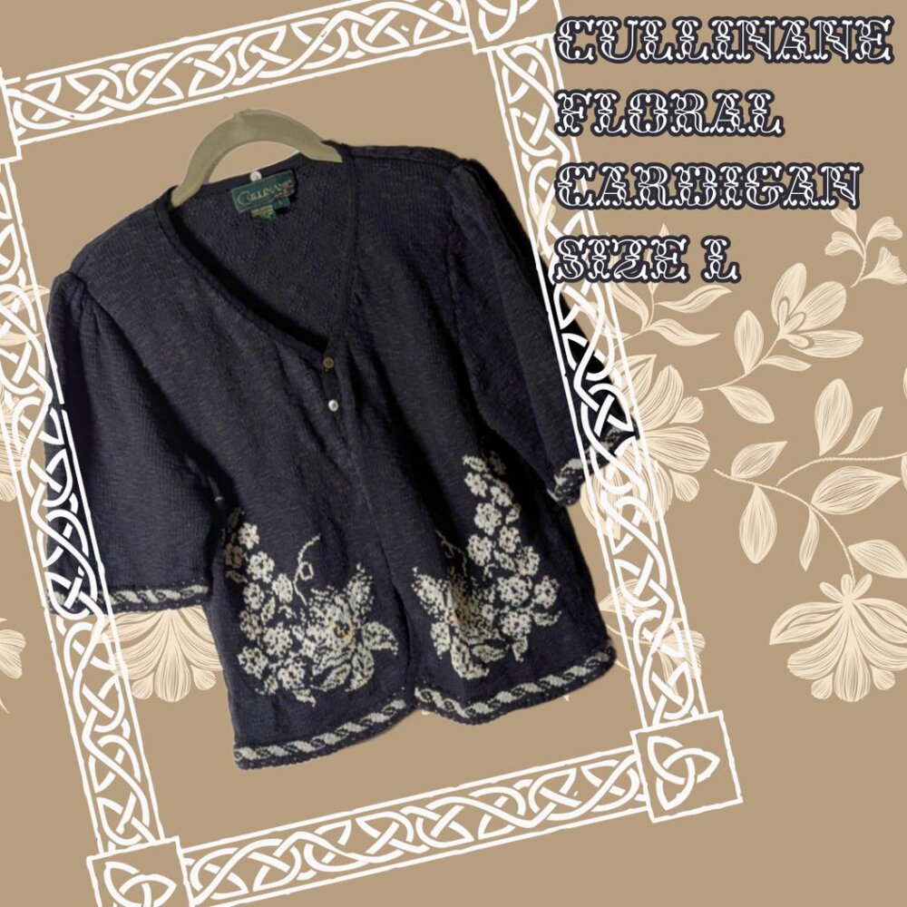 Vintage Cullinane Dark Blue & White Floral Embroidered Cardigan Sweater, Size L